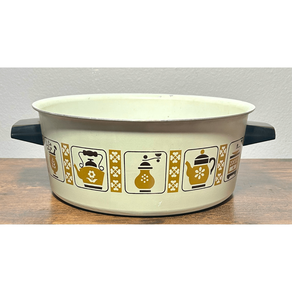 Vintage 1970s Enamel Sauce Pan Stock Pot 5 Qt MCM Coffee & Grinder Design
